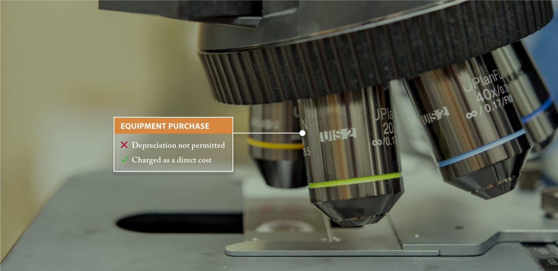 microscope with equipment purchase label showing charge as direct cost